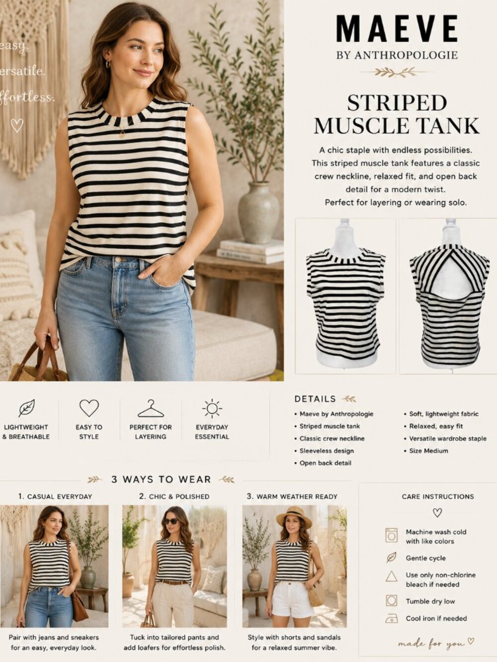 Maeve by Anthropologie Shirt Sleeveless Striped Open Back Nautical Coastal